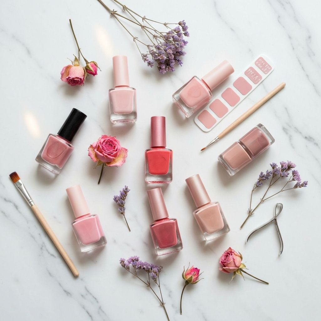 Assorted nail polish bottles and nail art tools on marble
